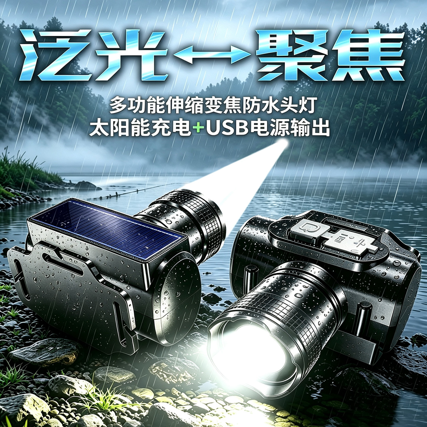 户外伸缩变焦超亮强光头灯抗摔防水露营探险夜行装备太阳能充电灯