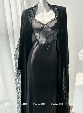 【Twelve】漫漫私语 性感蕾丝长款睡裙带胸垫聚拢缎面外袍两件套