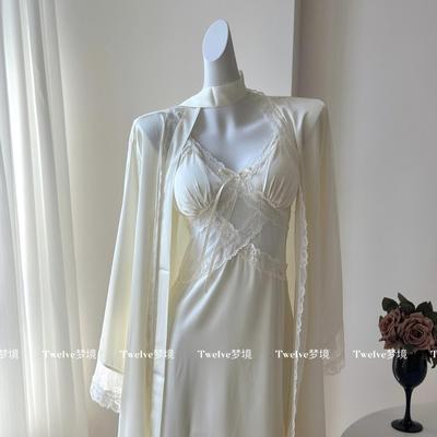 法式性感睡裙带胸垫睡袍两件套