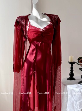【Twelve】倾城佳人 性感长款睡裙带胸垫高级感礼服红色结婚晨袍