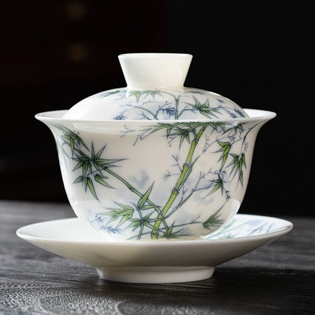 创意新中式复古悬停陶瓷三才盖碗茶杯大码 防烫家用 八宝功夫茶碗