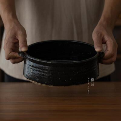 陶艺家手工器皿复古粗陶双耳果盘