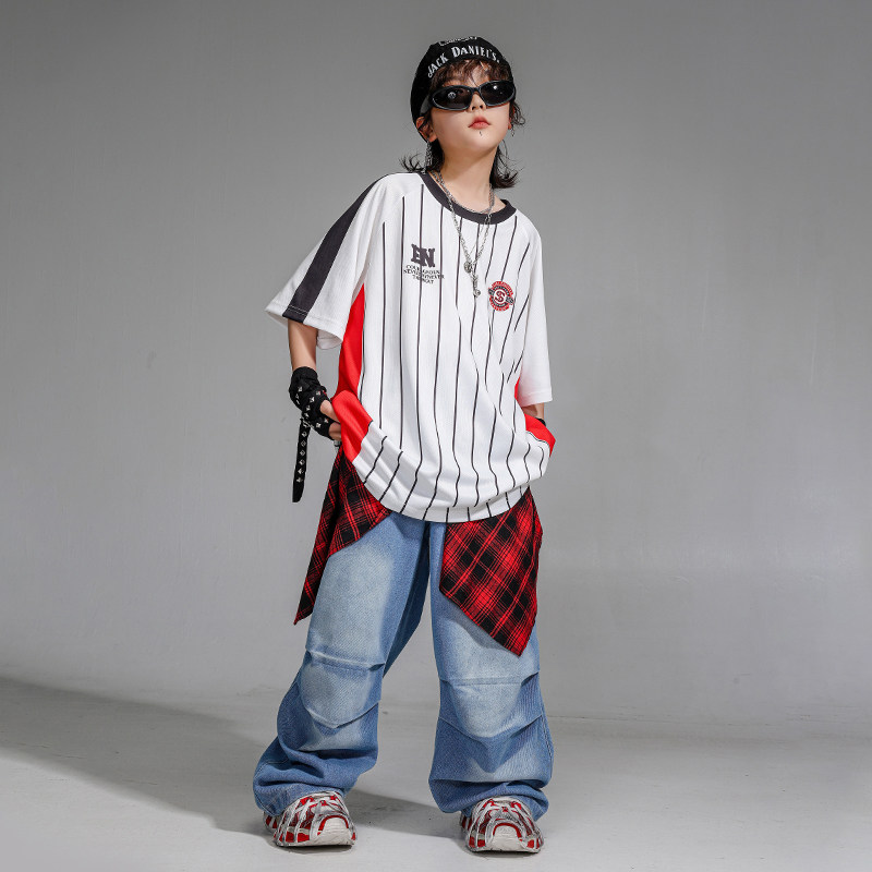 儿童街舞服装潮牌少儿hiphop潮服嘻哈白色T恤短袖上衣男童表演服