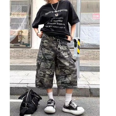 美式复古迷彩弯刀工装裤女夏季街头设计感宽松显瘦阔腿七分短裤潮