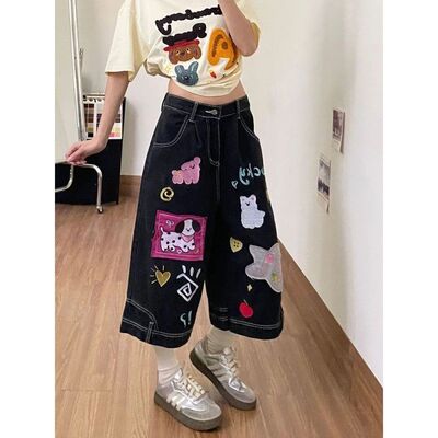 美式趣味卡通贴布刺绣牛仔裤女夏季休闲宽松显瘦七分裤阔腿中裤潮