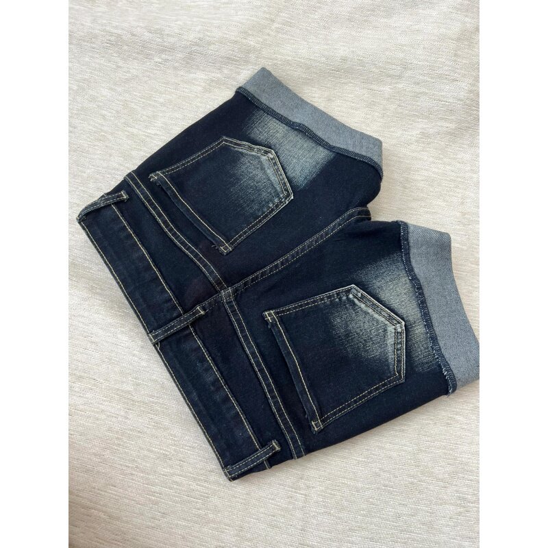 美式卷边翻边深蓝色牛仔超短裤女夏季新款辣妹显瘦高腰直筒短热裤