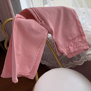 粉色裤子女潮高腰牛仔阔腿裤垂感女裤春秋季2021新款时尚个性宽松