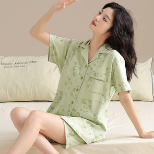 睡衣女式夏季纯色短袖短裤家居服纯棉带胸垫时尚套装