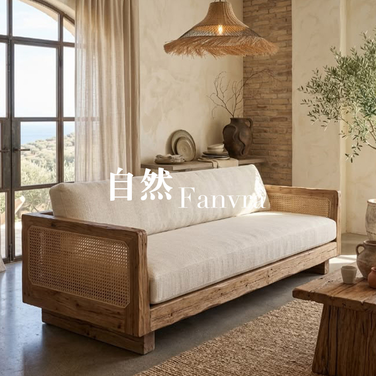 美式自然风实木沙发藤编三人沙发