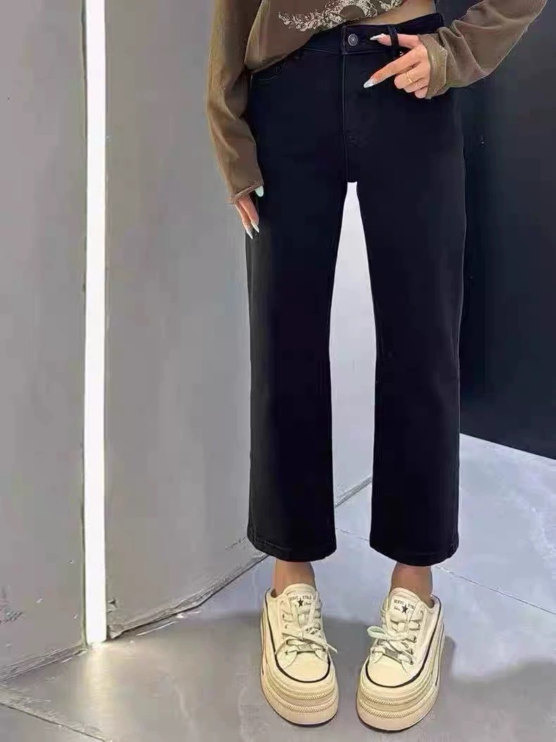 2025秋季爆款欧货牛仔裤女九分弹力小直筒烟管法棍裤黑色显瘦正版