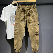 显瘦痞帅松紧腰长裤 美式 多口袋休闲裤 修身 高街潮牌男工装 风束脚裤