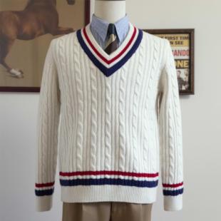 Lightning 复古Ivy常青藤扭花板球V领套头毛衣 Club