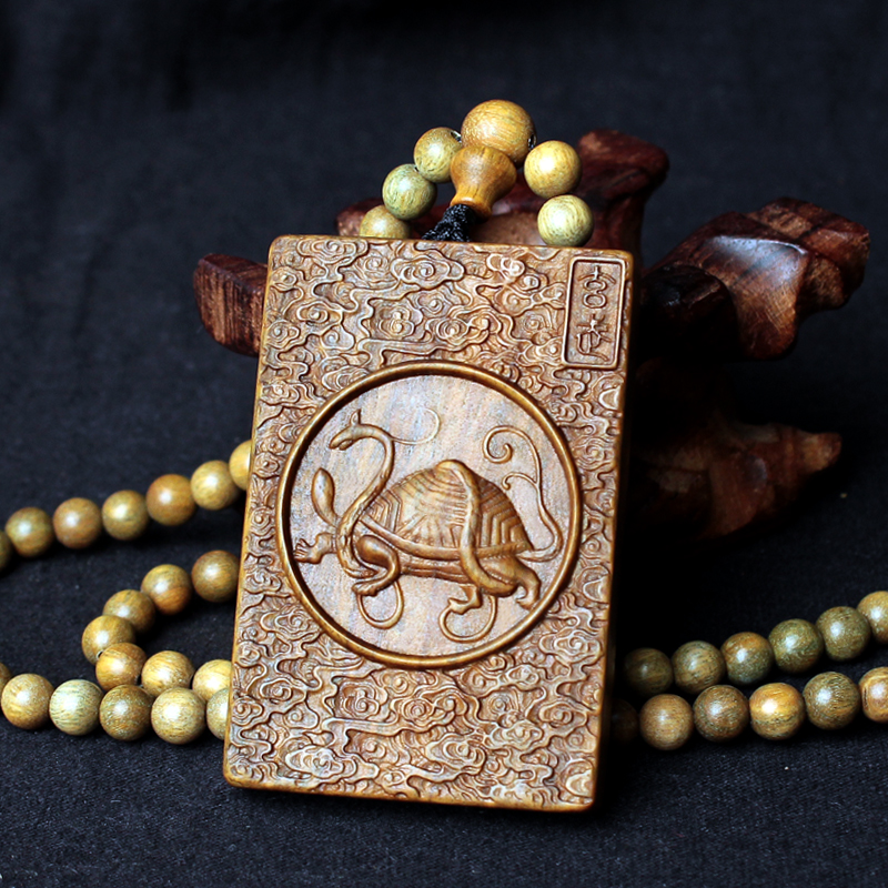 檀木四大神兽吊坠五行属水火土木饰品青龙朱雀玄武木制挂件男项链
