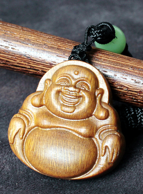 天然香味绿檀木弥勒佛吊坠女款佛像饰品项链佛公笑佛木质挂件定制