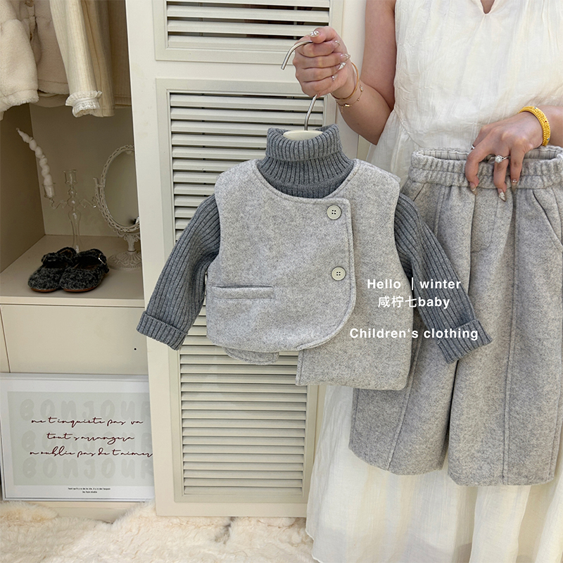 咸柠七韩系女童马甲阔腿裤两件套2024秋冬新款儿童呢子套装潮