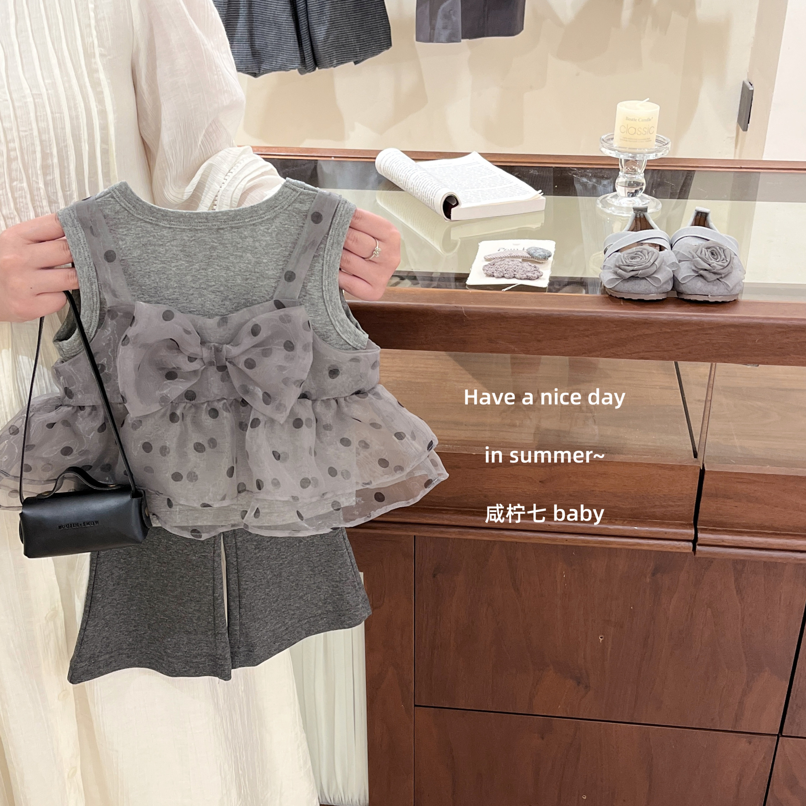 【咸柠七】原创！女宝夏季韩系背心网纱蝴蝶结波点上衣喇叭裤套装