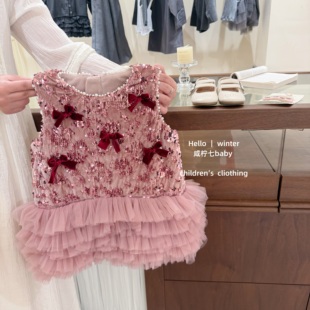 【咸柠七】粉雾碎钻！女童甜美亮片背心裙2025冬加绒蝴蝶结连衣裙