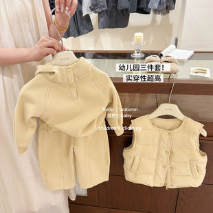 【咸柠七】女童套装秋冬款儿童韩版夹棉马甲连帽加绒卫衣卫裤套装