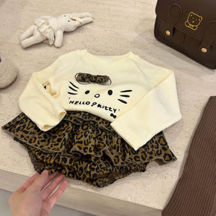 【咸柠七】软萌暴击！女童秋款套装可爱KT猫长袖T恤豹纹蛋糕裙
