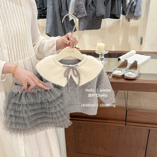 女童秋冬小香风套装 miu系古早千金 灰色毛衣加绒蛋糕裙 咸柠七