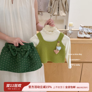 【咸柠七】巨显白！女宝宝秋季洋气绿色马甲背心波点蝴蝶结半身裙