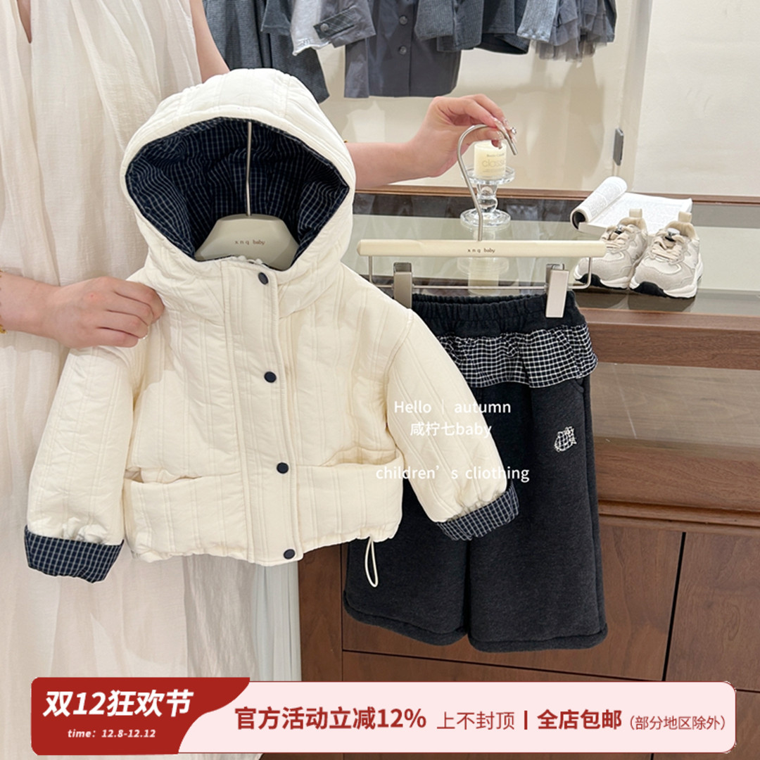 女童加厚棉服秋冬连帽格子外套