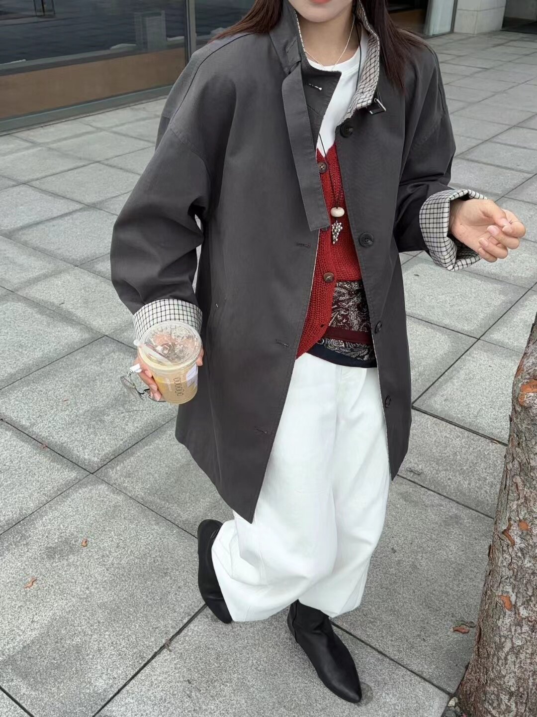 【秋款上新】格子袖口拼接风衣外套