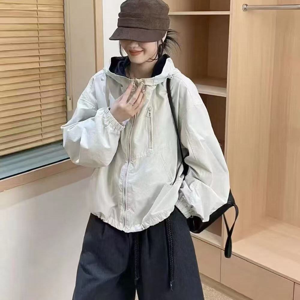 【秋冬严选】抽绳连帽胸前口袋拉链束袖外套（衣长60左右）