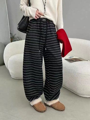 【秋冬严选】欧货腰头撞色条纹加绒直筒裤（裤长100左右）