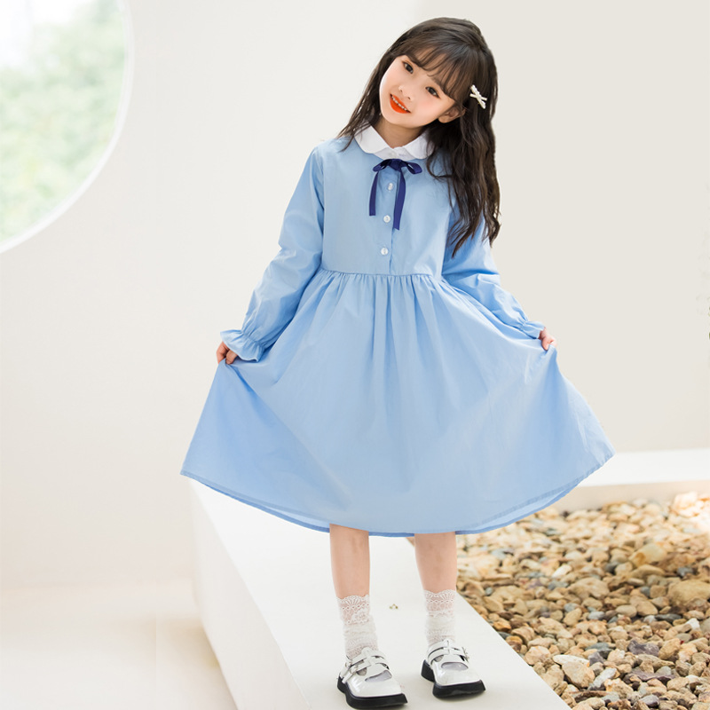 女大童连衣裙棉布长袖衬衫裙日韩蝴蝶结2025春装儿童纯棉裙子