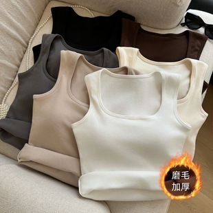 上衣秋冬季 无袖 显瘦打底衫 德绒磨毛吊带背心女带胸垫美背内搭修身
