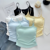 小清新纯欲风设计感褶皱带胸垫吊带背心女内搭外穿修身 美背上衣夏