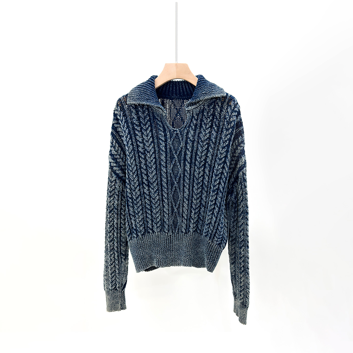 纯棉复古粗针绞花翻领牛仔针织衫