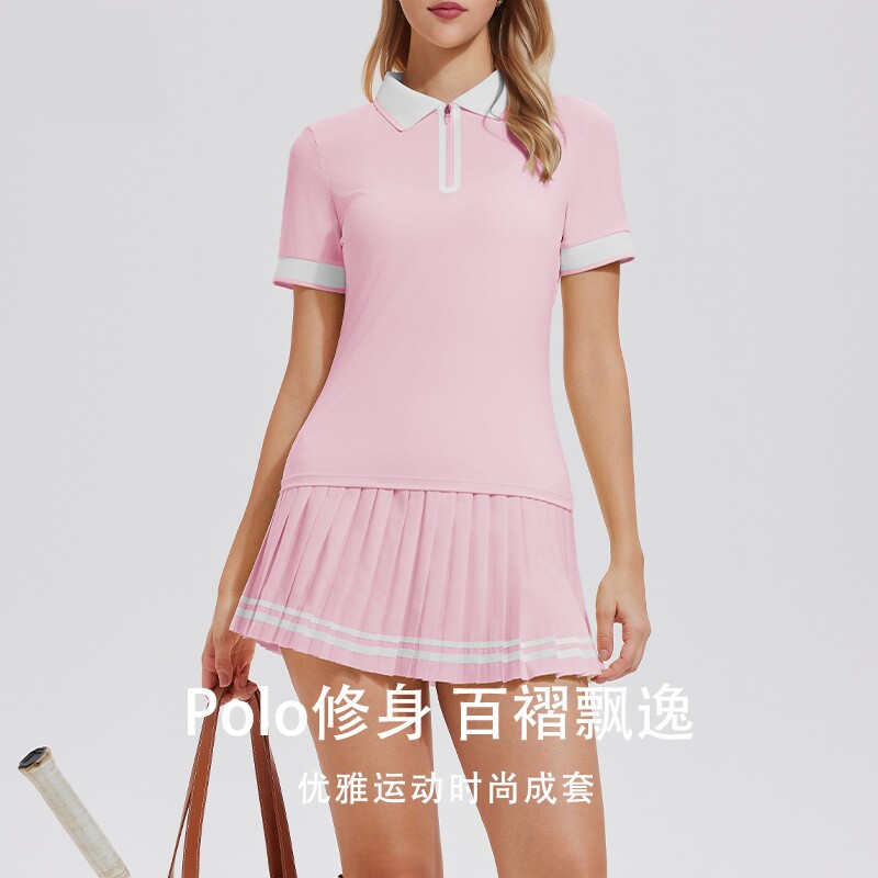 短袖polo领高尔夫羽毛网球百褶裙套装运动健身跳操广场舞蹈跑步服
