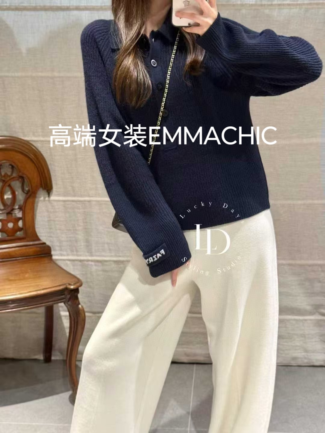 高端女装进口山羊绒polo领翻领针织衫