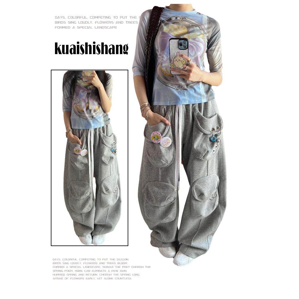 美式y2k千禧辣妹大兜口袋阔腿卫裤女街头风宽松运动休闲弯刀长裤,女装/女士精品,大码裤装,淘宝优惠券,粉丝福利购,淘宝优惠卷