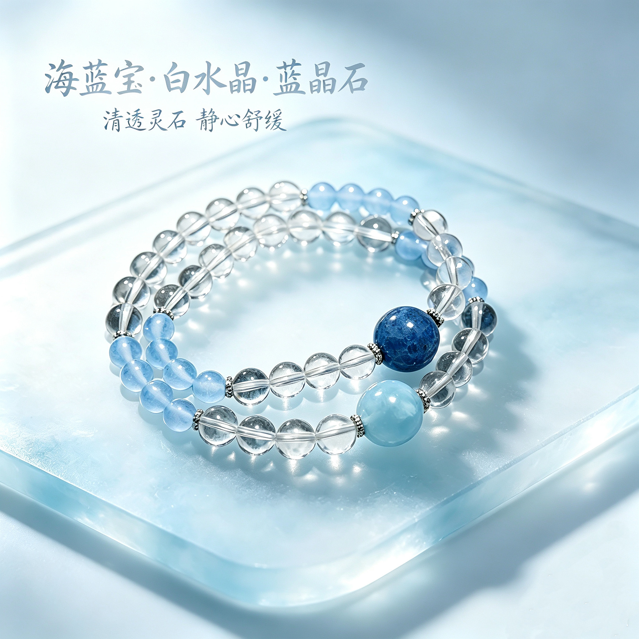 纯天然海蓝宝白水晶双圈手串百搭简约显白礼盒闺蜜礼物