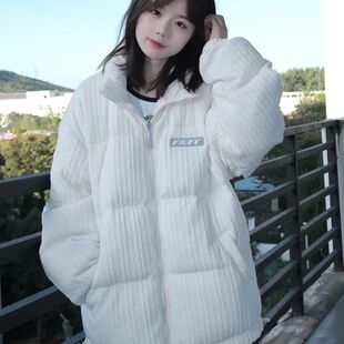 美式ins立领拼接棉衣灯芯绒棉服羽绒棉冬季新款面包棉袄外套女款
