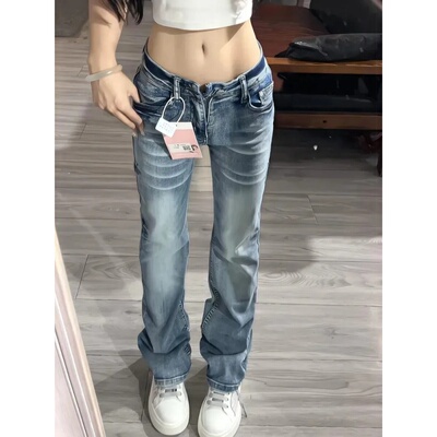 美式辣妹蓝色潮酷设计感低腰窄版直筒牛仔裤女秋冬新款显瘦百搭裤