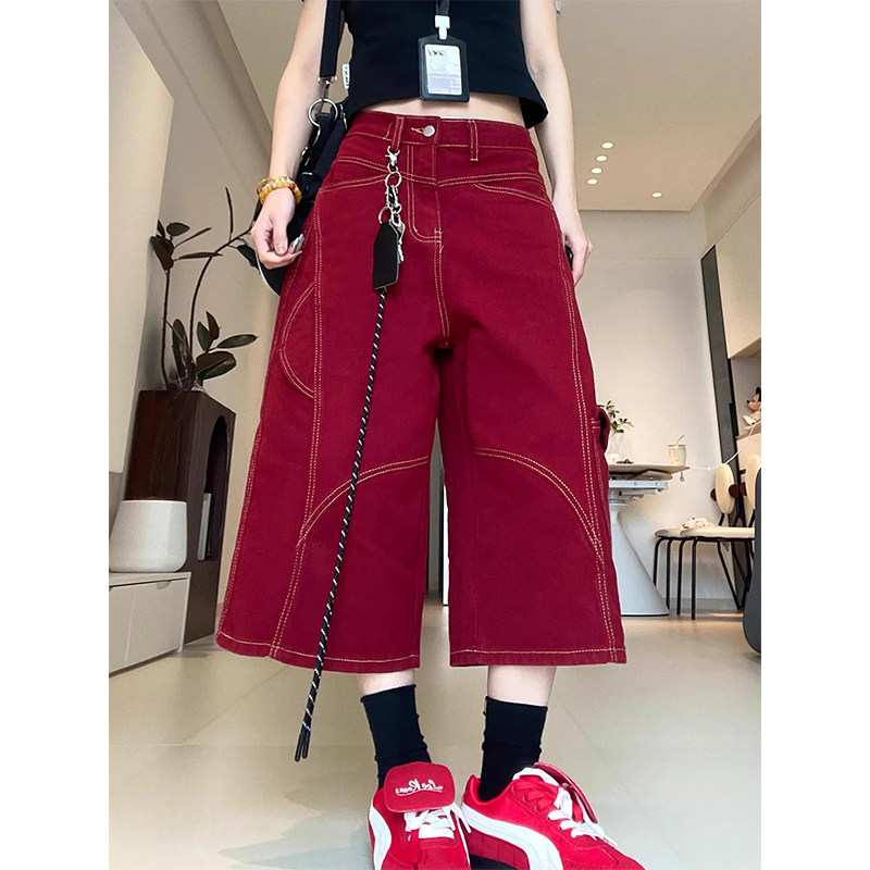 美式红色牛仔七分裤女2025夏季复古中性风解构口袋弯刀工装短裤潮