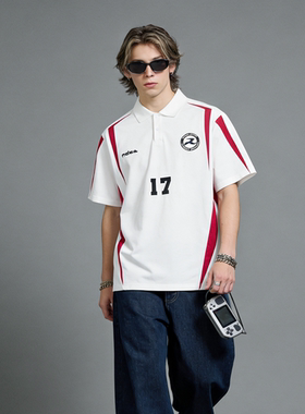 FAITH美式复古百搭运动风翻领高级感POLO衫男短袖潮牌宽松T恤上衣