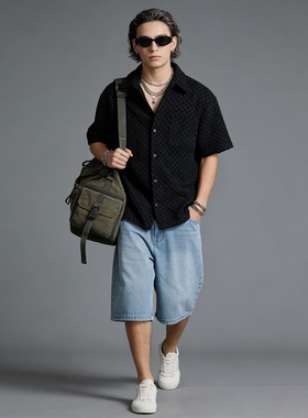 FAITH日系复古休闲工装风短袖镂空格子衬衫男宽松百搭复古衬衣