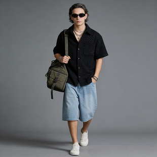 男宽松百搭复古衬衣 镂空格子衬衫 FAITH日系复古休闲工装 风短袖