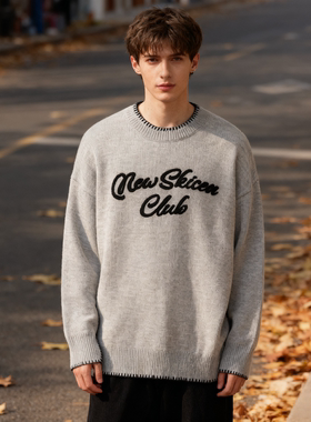 FAITHvintage美式字母植绒宽松圆领毛衣男女潮牌复古宽松针织衫