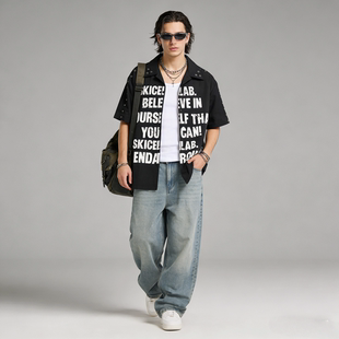 夏季 衬衫 宽松休闲街头风衬衣 复古潮流百搭字母印花短袖 FAITH美式