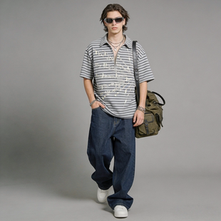 男宽松百搭休闲潮流上衣 POLO衫 FAITH美式 复古条纹字母印花短袖