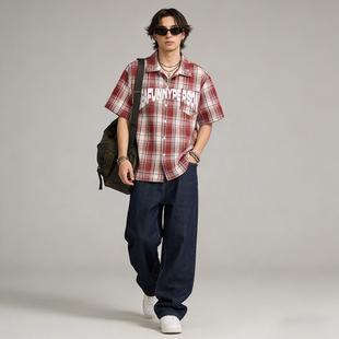FAITH日系复古格子短袖 男宽松翻领字母印花透气百搭潮流衬衣 衬衫