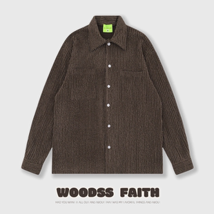 衬衫 拉绒条绒咖色长袖 男情侣纯色衬衣女复古外套 新款 FAITH秋季