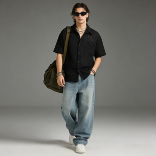 宽松休闲复古半袖 男夏新款 衬衣男 衬衫 FAITH高级感镂空古巴领短袖