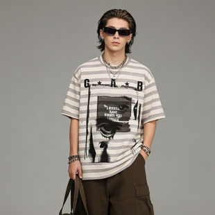 印花夏季 T恤男宽松显瘦个性 百搭上衣潮 复古风条纹短袖 FAITH美式